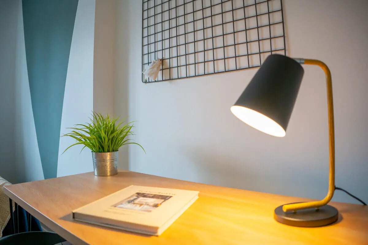 Desk plant book lamp study area at 6 Bedroom House at 64A, Monson Street in Lincoln Student Accommodation