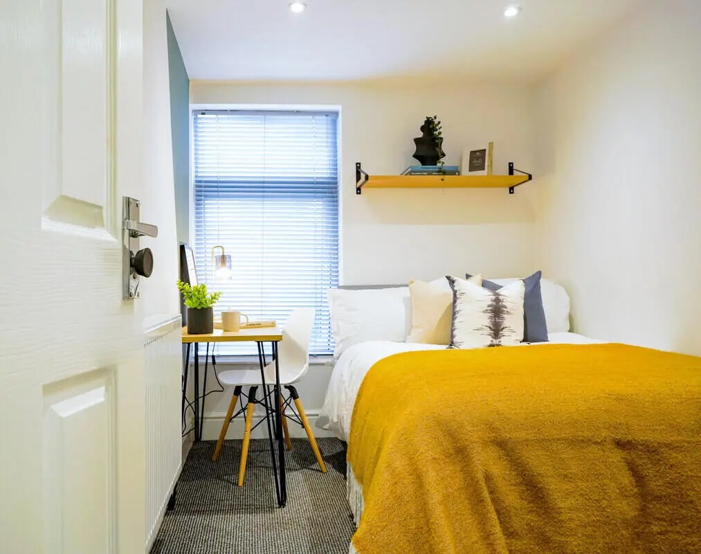 Bed desk lamp plant pillows blanket bedroom at 6 Bedroom House at 1, Baggholme Road in Lincoln Student Accommodation