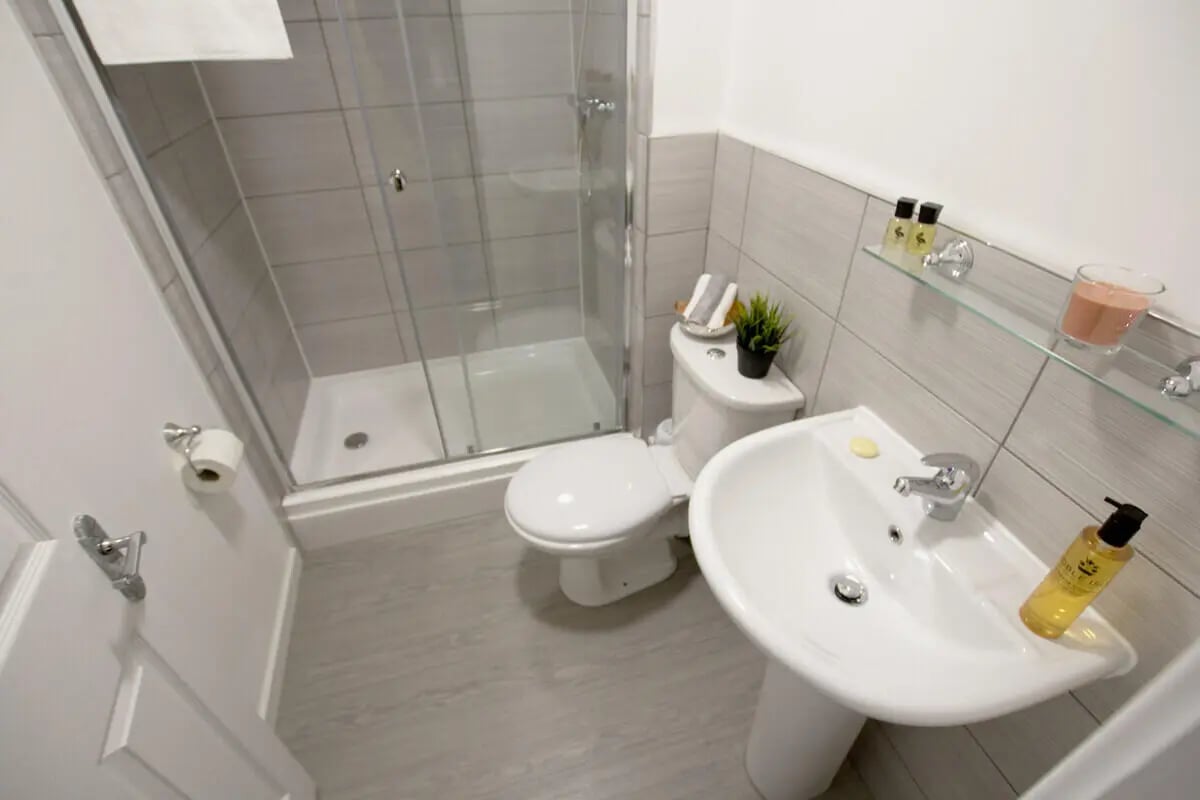 Shower toilet sink with toiletries and plant bathroom at 6 Bedroom House at 31, Deramore Street in Manchester Student Accommodation