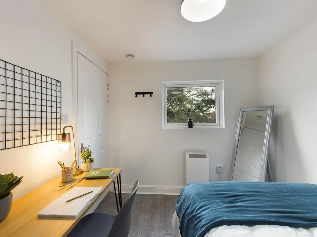 Desk lamp plants notebooks and mirror bedroom at 6 Bedroom House at 10, Richmond Road in Lincoln Student Accommodation