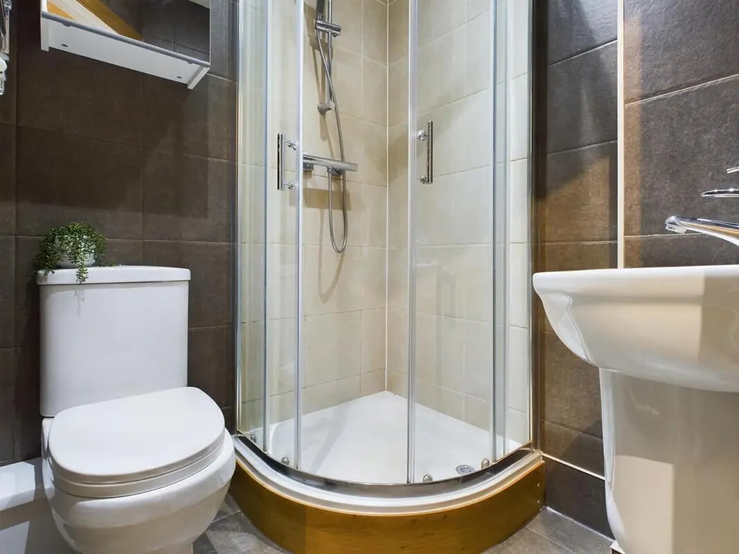 Toilet shower and sink with plant bathroom at 7 Bedroom House at 19, Studios at, The Avenue in Lincoln Student Accommodation
