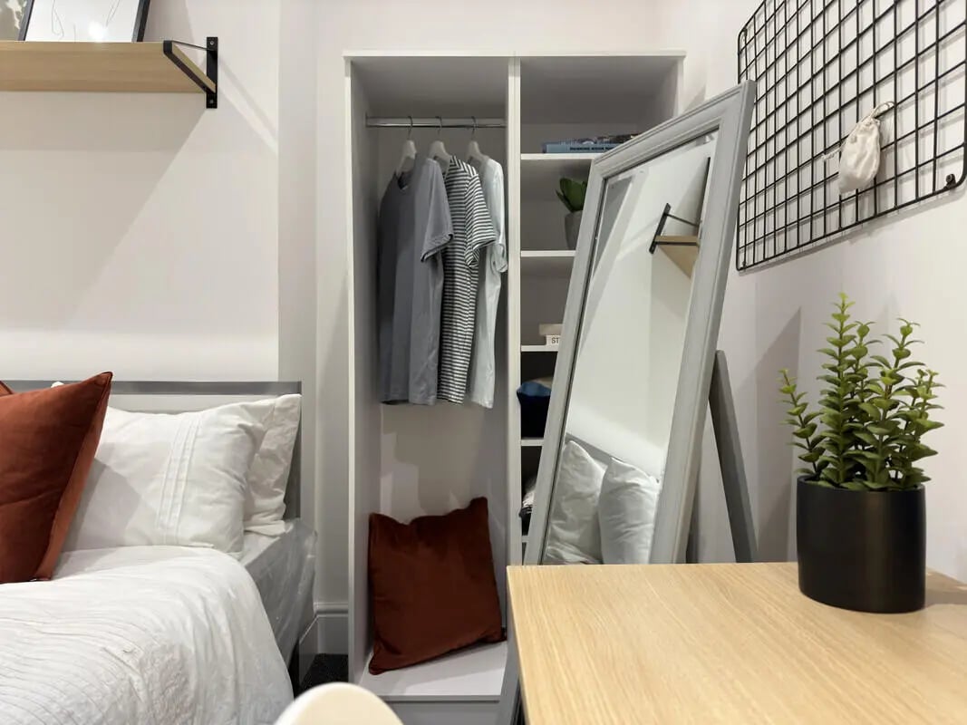 Closet mirror bed pillows plant bedroom at 6 Bedroom House at 45, Monks Road in Lincoln Student Accommodation