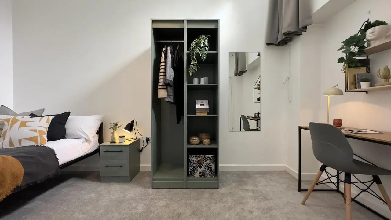 Bed side table closet and desk bedroom at 6 Bedroom House at 19C, Bower Road in Sheffield Student Accommodation