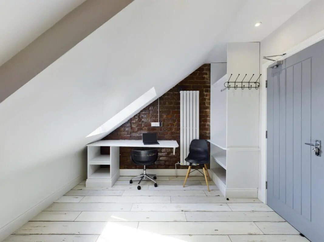 Desk laptop chairs radiator coat rack study area at 8 Bedroom House at 211, Molyneux Road in Liverpool Student Accommodation