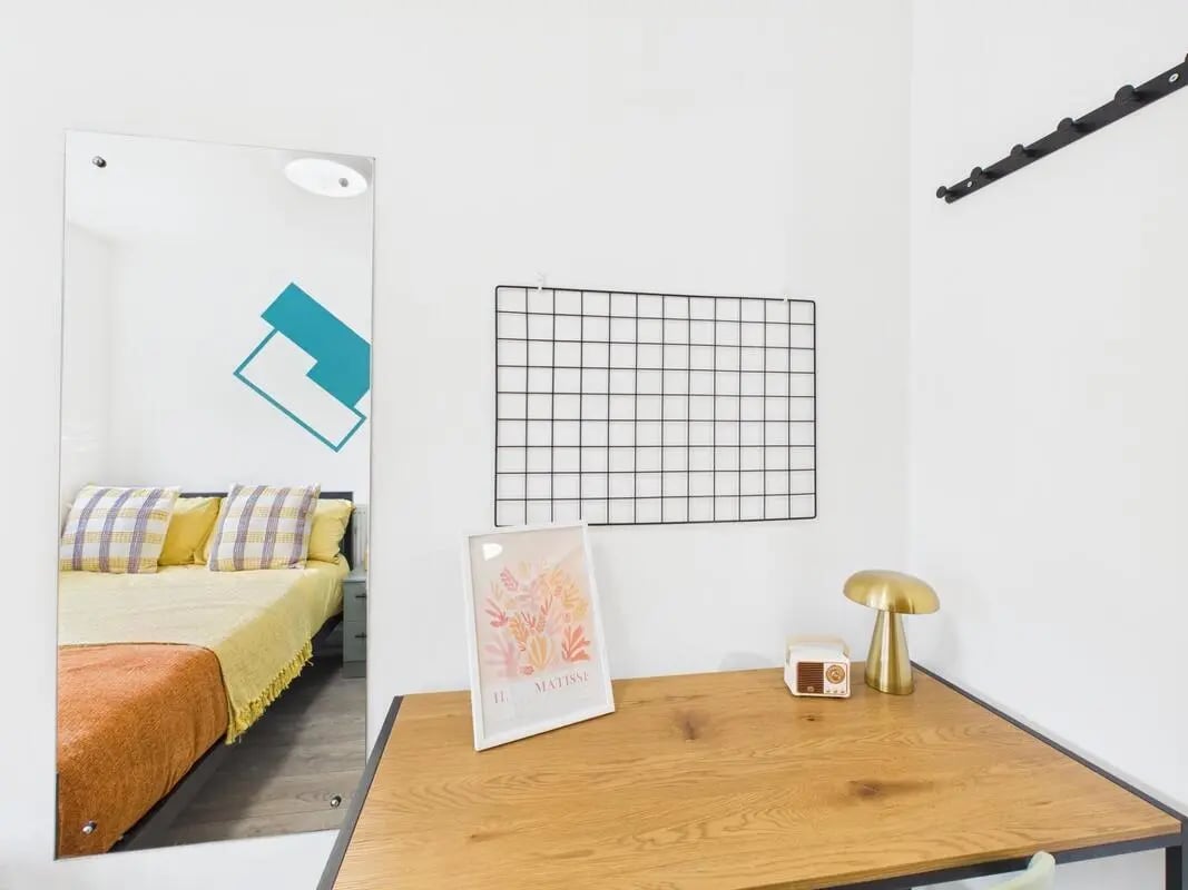 Bed desk lamp radio artwork study area at 2 Bedroom House at Flat 1, Grove Street Studios, The Groves in Liverpool Student Accommodation