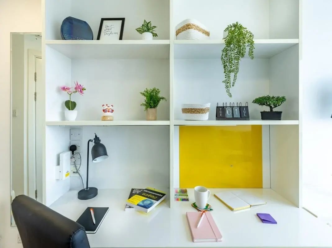 Desk with lamp books and plants Study Area at Chelsea Lightfoot Hall in London Student Accommodation