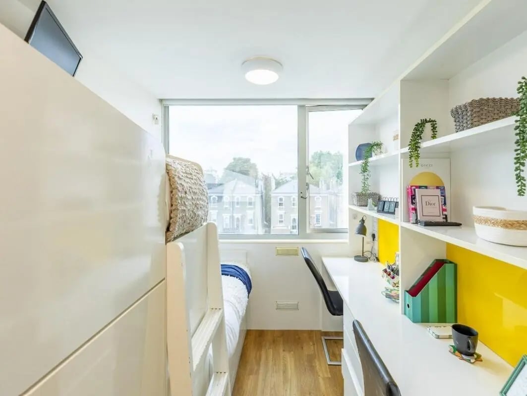 Bunk bed desks shelves with decorations and plants bedroom at Chelsea Lightfoot Hall in London Student Accommodation