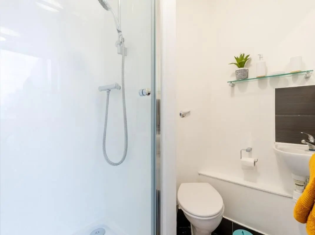 Shower toilet sink and plant bathroom at Chelsea Lightfoot Hall in London Student Accommodation