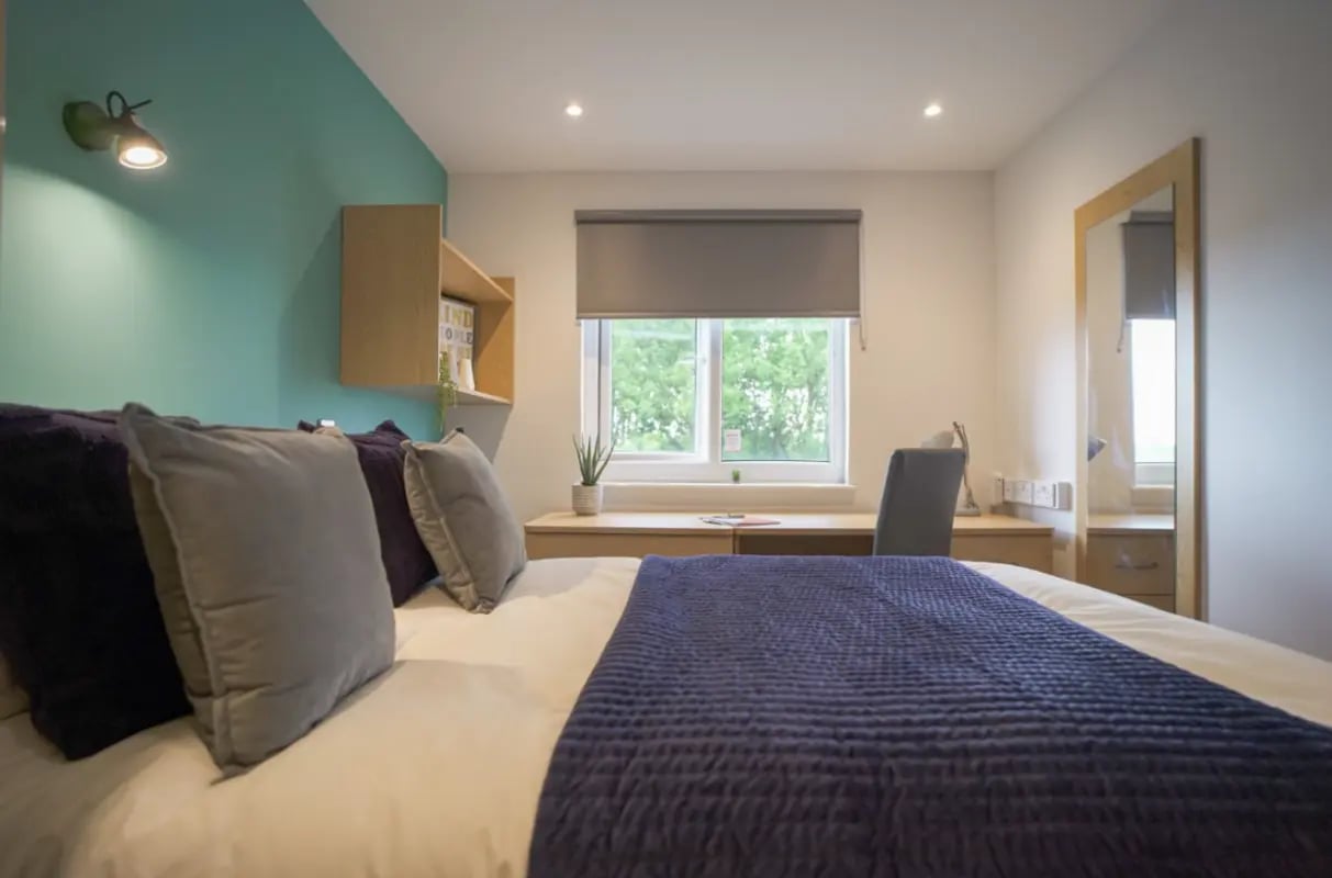 Bed desk chair and mirror bedroom at Park View in Manchester Student Accommodation