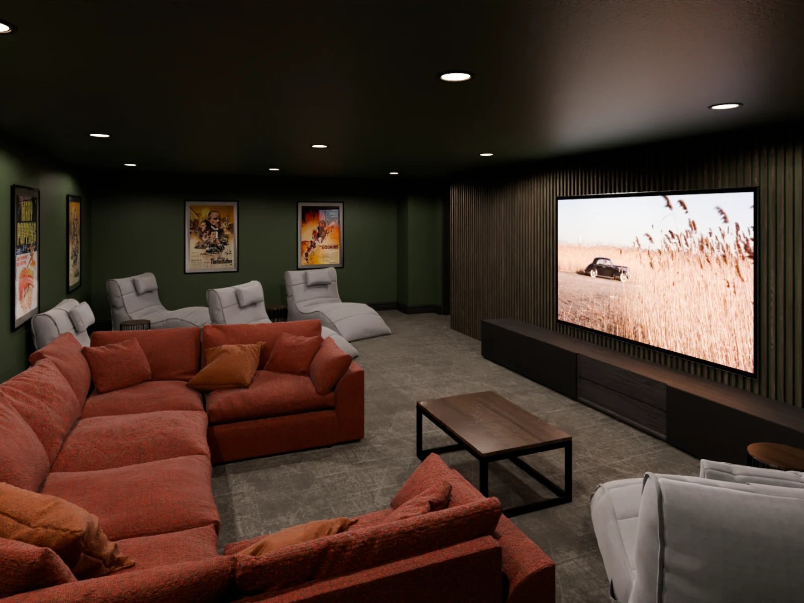 Red sectional sofa beanbag chairs and movie posters living room at Fitz and Knox in Cardiff Student Accommodation