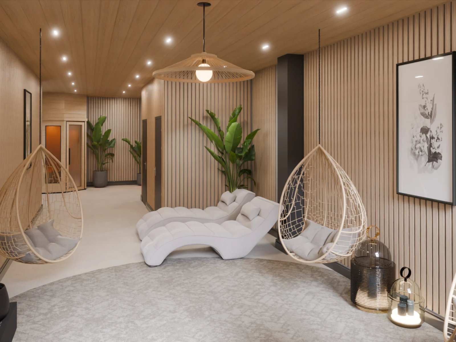Swinging chairs chaise lounges plants communal area at Fitz and Knox in Cardiff Student Accommodation
