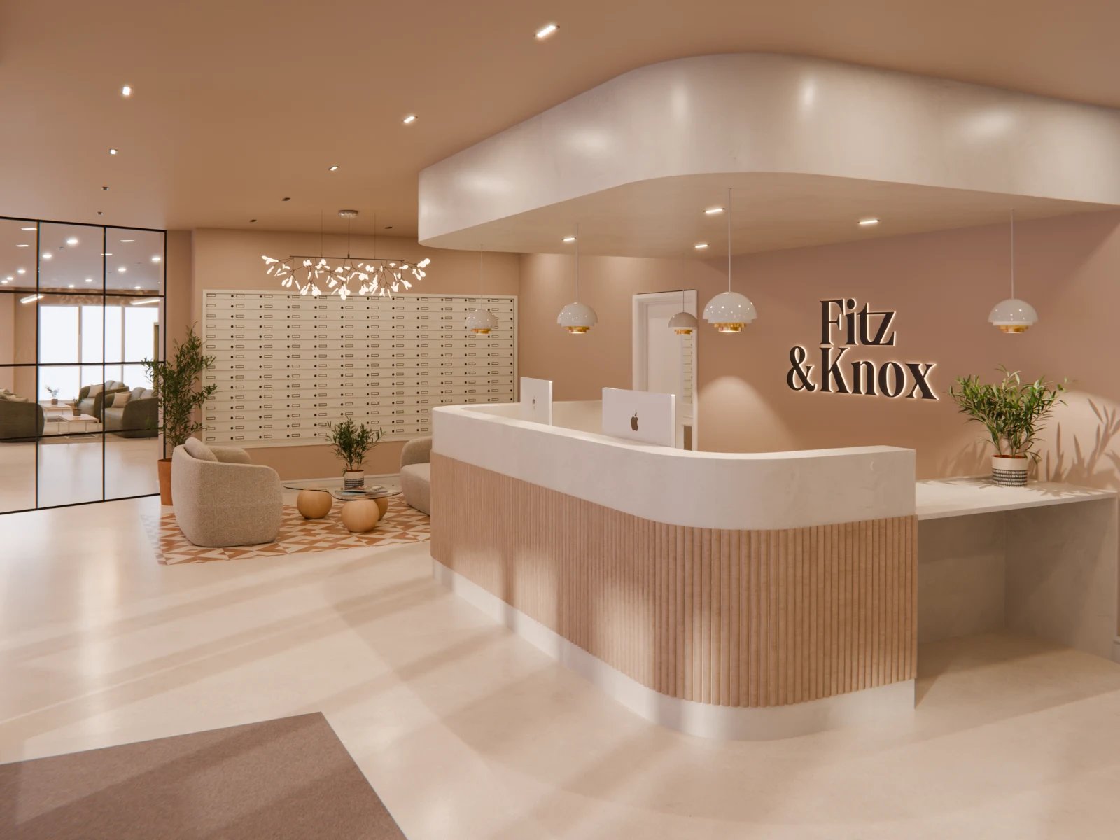 Reception desk mailboxes seating lobby exterior at Fitz and Knox in Cardiff Student Accommodation