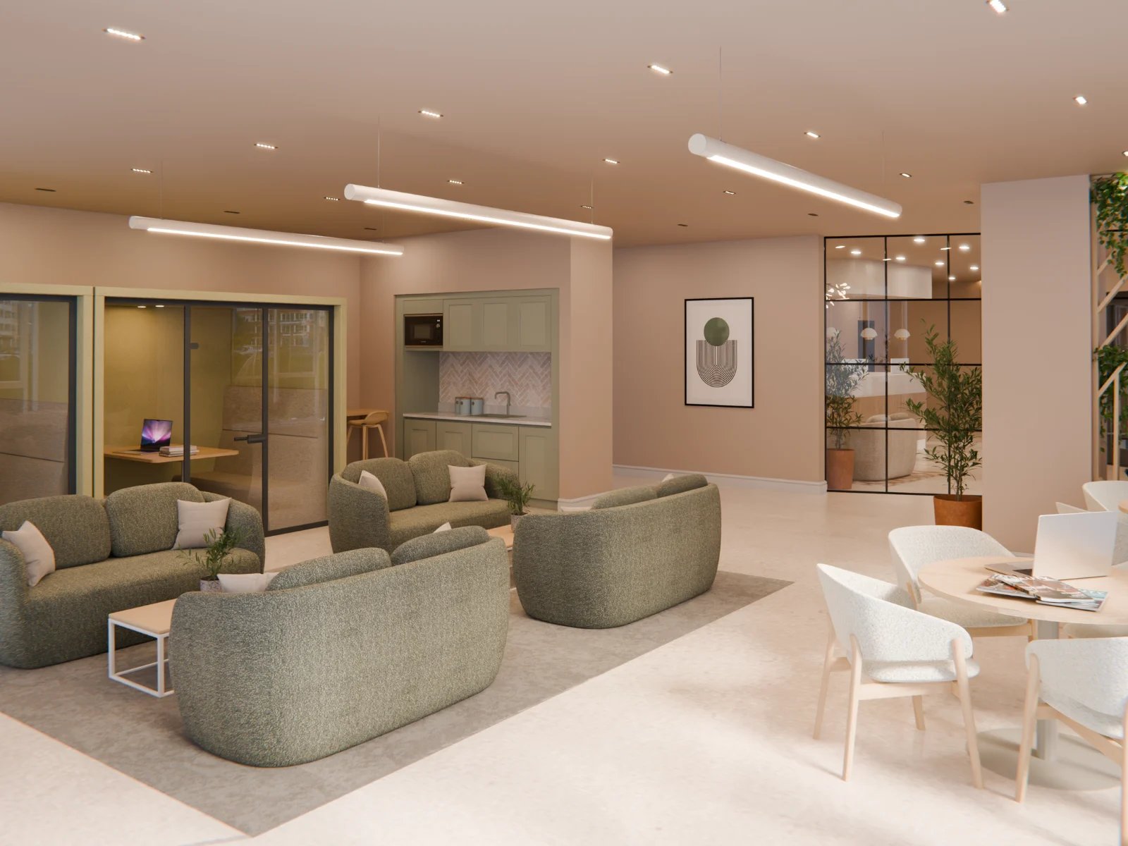 Study pods sofas kitchen artwork communal lounge at Fitz and Knox in Cardiff Student Accommodation
