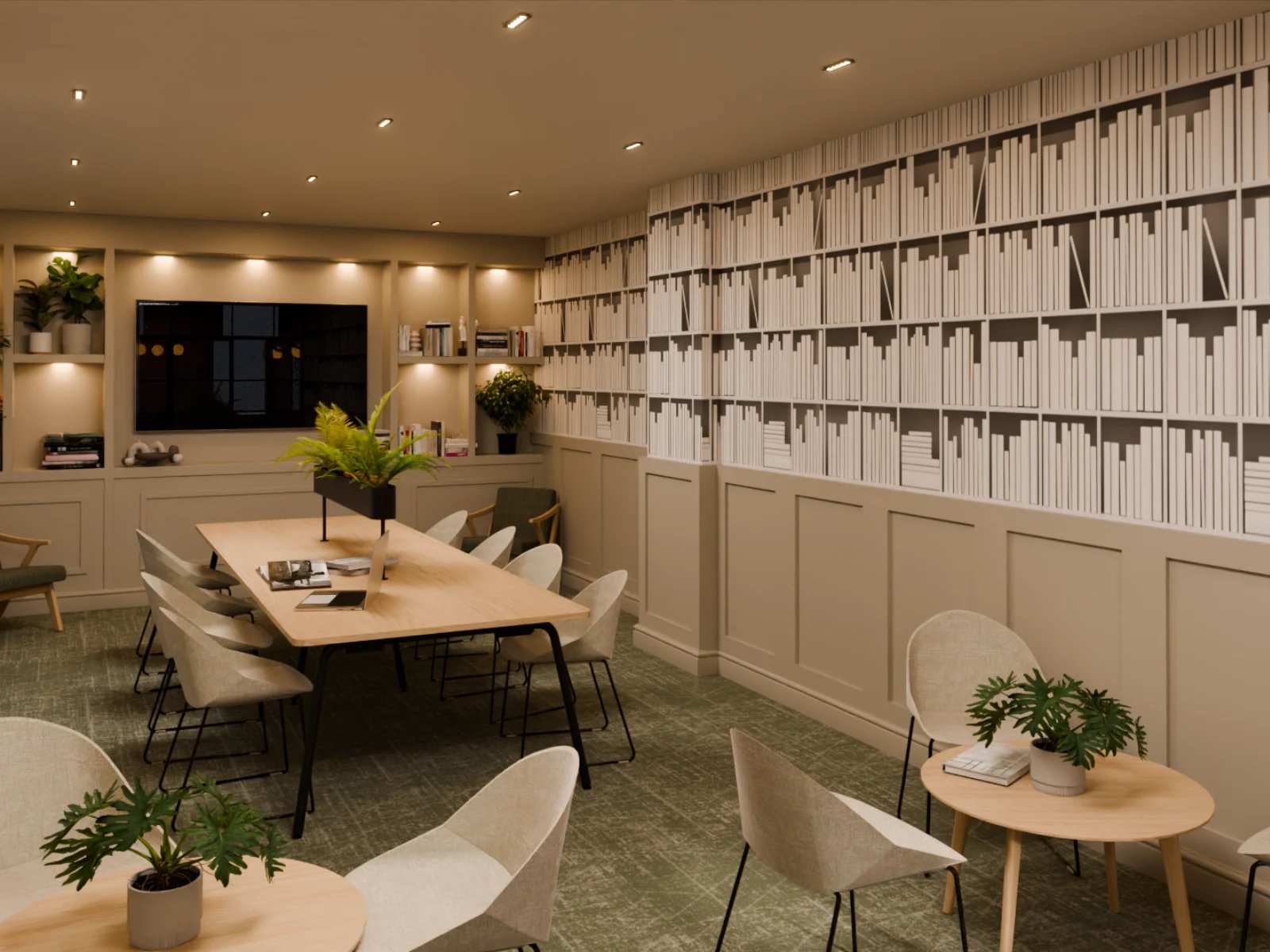 Large table and chairs with bookshelf wallpaper communal area at Fitz and Knox in Cardiff Student Accommodation