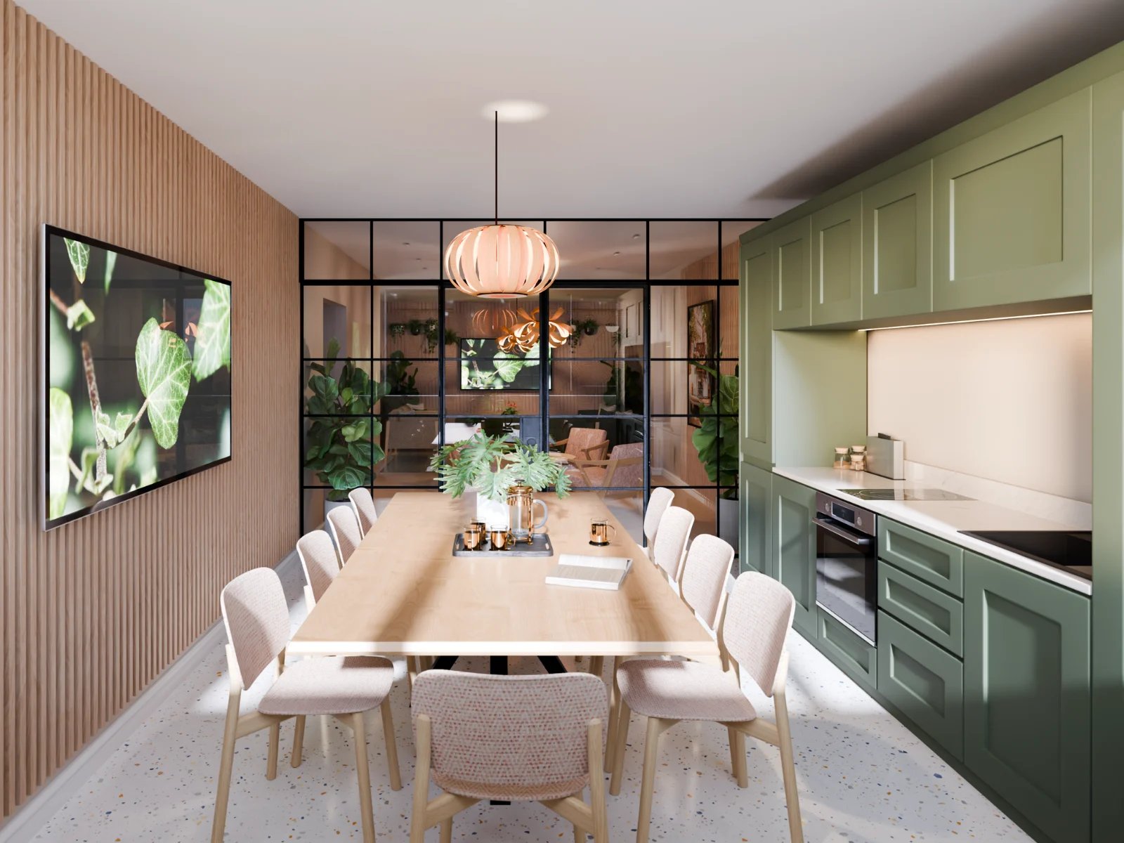 Long dining table with chairs and kitchen living room at Fitz and Knox in Cardiff Student Accommodation