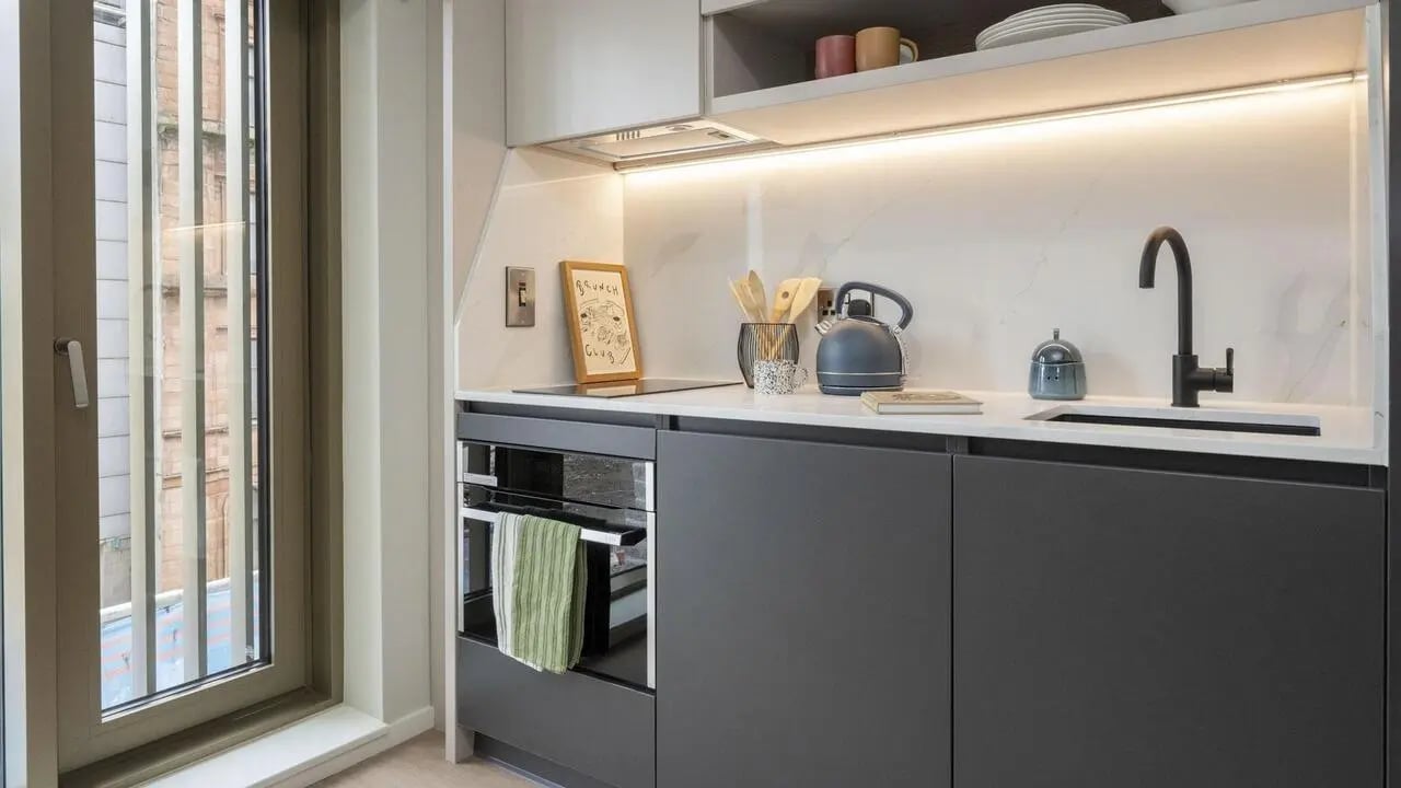 Modern kitchen with kettle sink oven and window kitchen at Broadway Studios in Glasgow Student Accommodation
