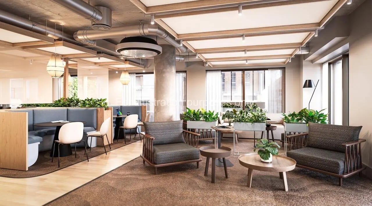 Chairs couches tables and plants communal area at Broadway Studios in Glasgow Student Accommodation