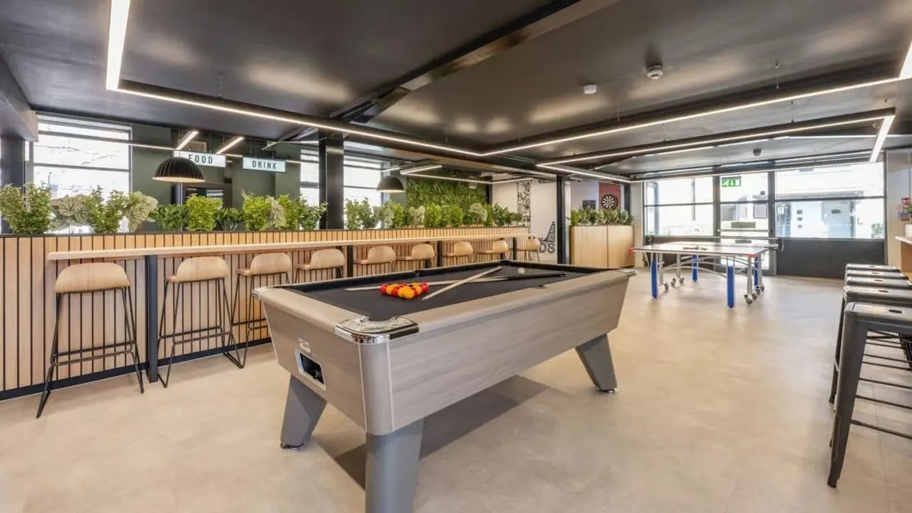 Pool table ping pong table bar area lounge at Clarence Dock Village in Leeds Student Accommodation