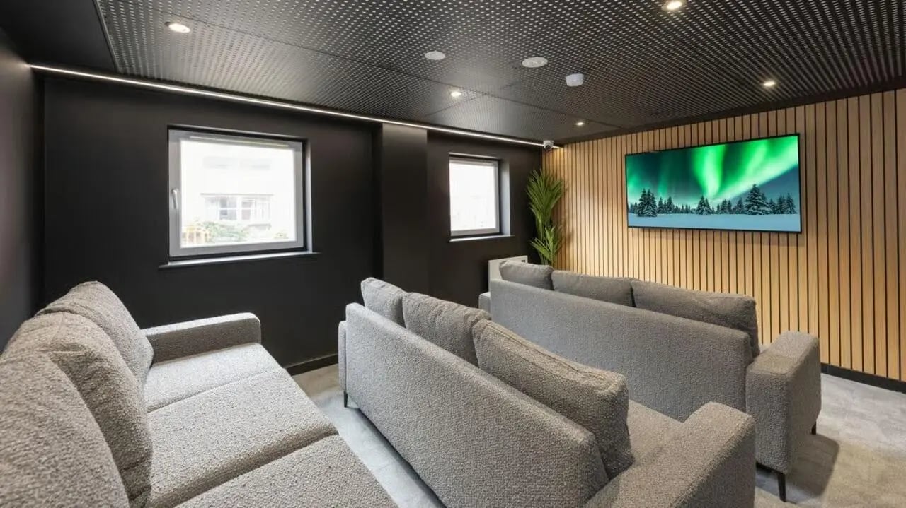 Sofas and TV screen living room at Curzon House in Nottingham Student Accommodation