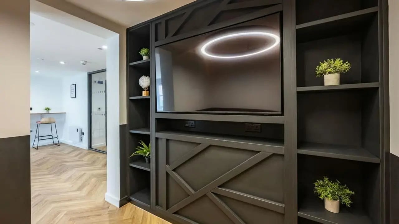 Built-in entertainment unit with plants and globe living room at Curzon House in Nottingham Student Accommodation