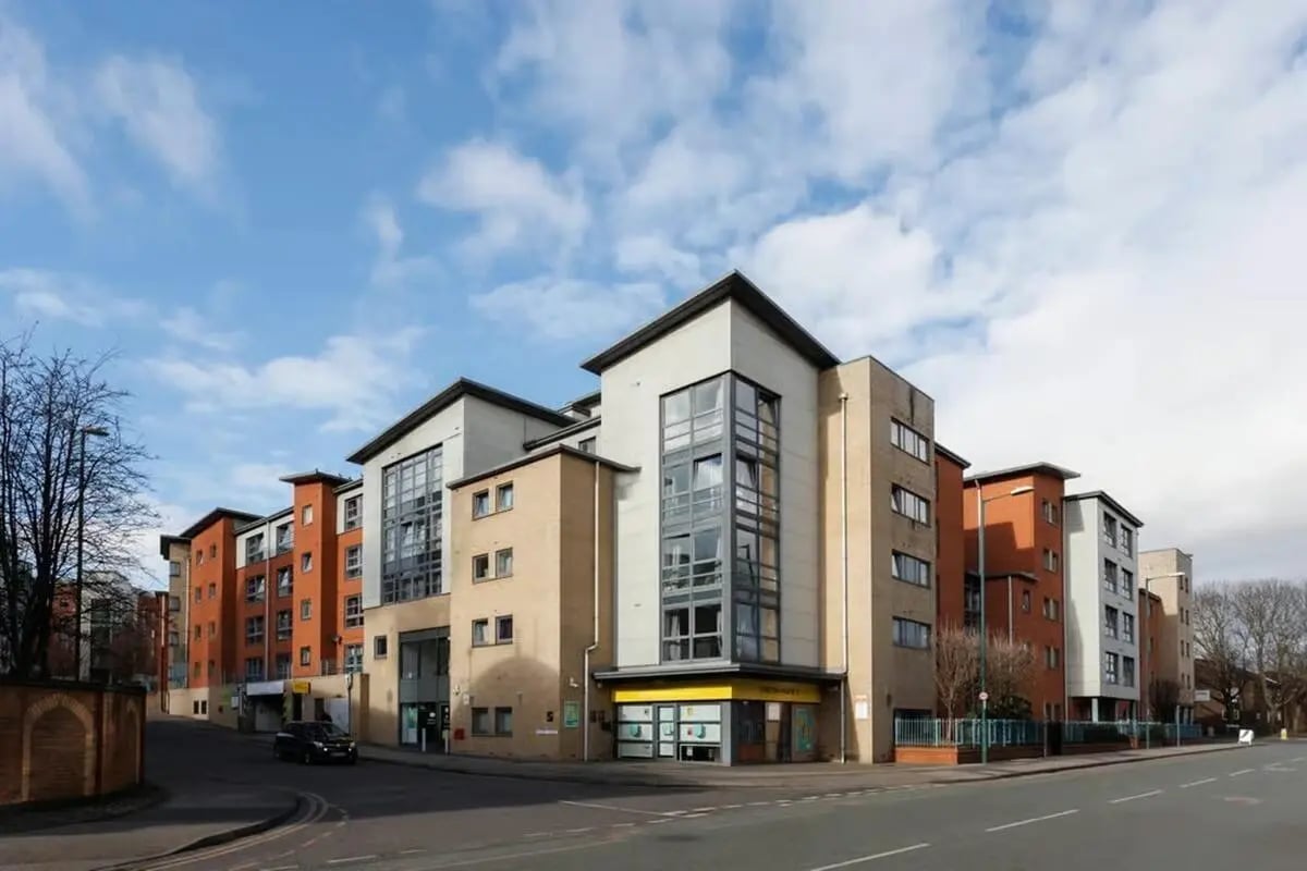 Modern apartment building with large windows exterior at Curzon House in Nottingham Student Accommodation