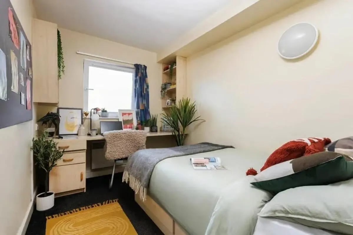 Bed desk chair plants and pillows bedroom at Curzon House in Nottingham Student Accommodation
