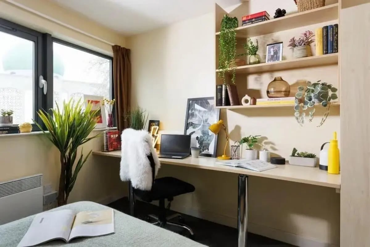 Desk with laptop plant shelves and bed study area at Curzon House in Nottingham Student Accommodation