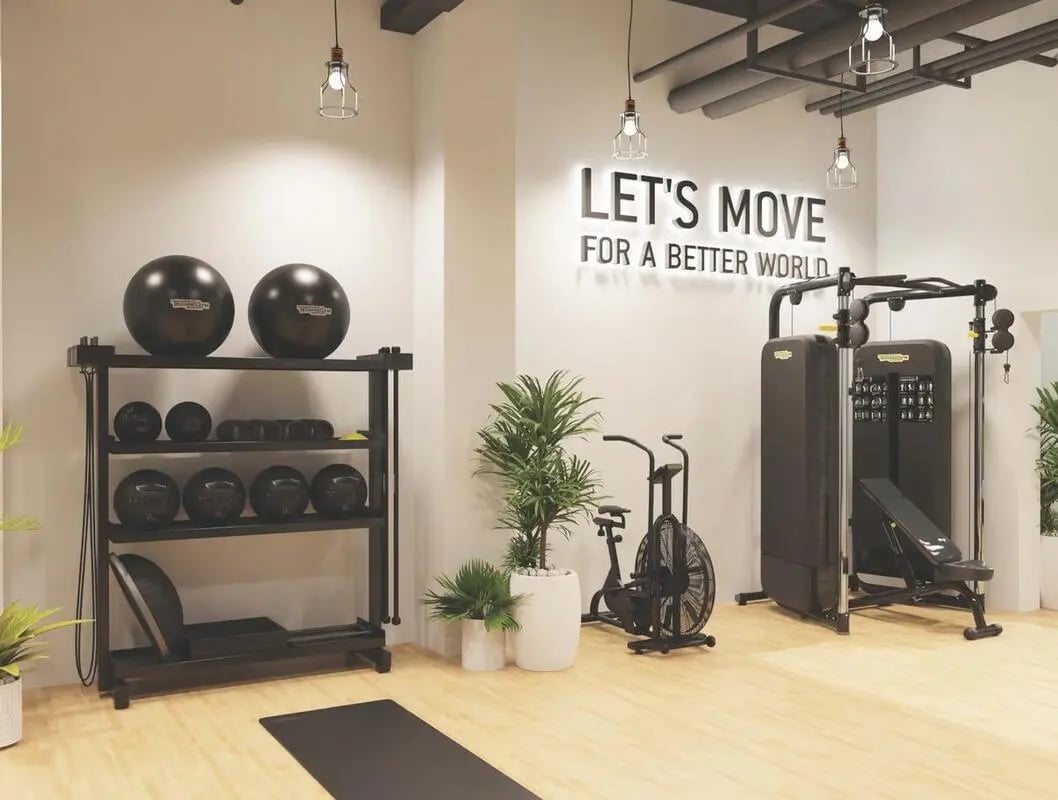 Fitness equipment with exercise balls and machines gym at Foundry Courtyard in Glasgow Student Accommodation