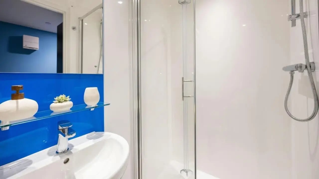 Sink soap dispenser plant shower and mirror bathroom at Hollis Wharf in Bath Student Accommodation