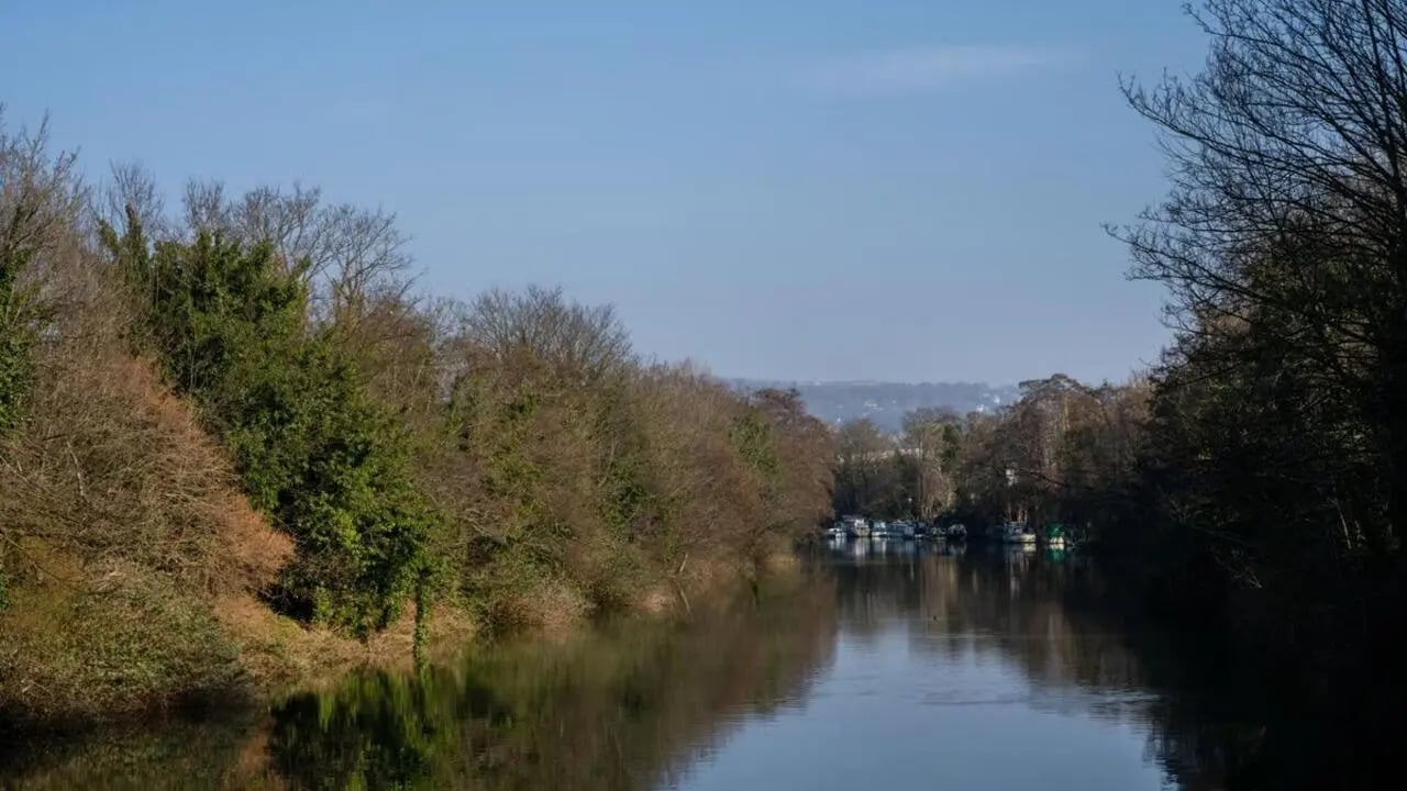 River scene with trees and moored boats exterior at Hollis Wharf in Bath Student Accommodation