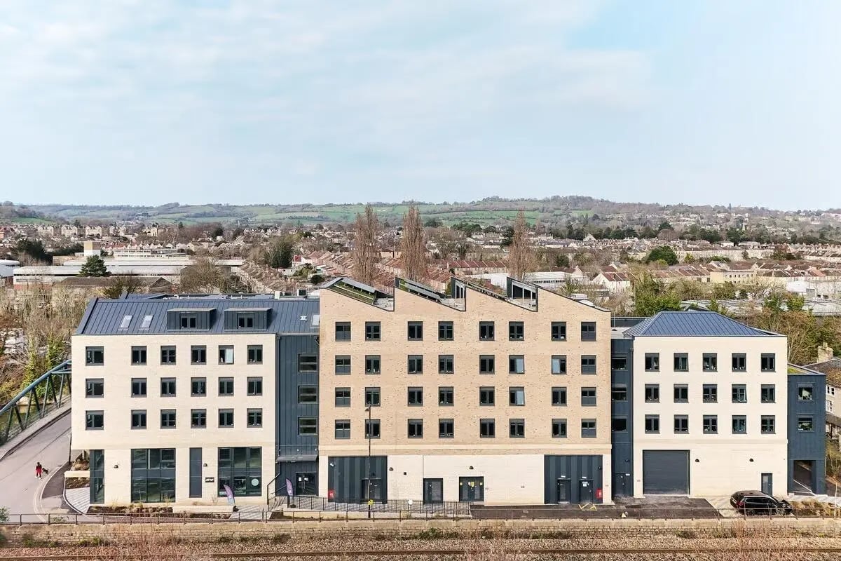 Multi-story building with many windows exterior at Hollis Wharf in Bath Student Accommodation