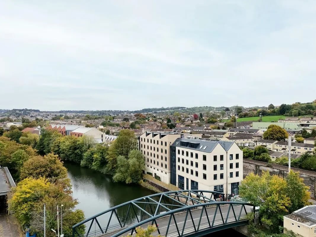 Modern student accommodation beside river exterior at Hollis Wharf in Bath Student Accommodation