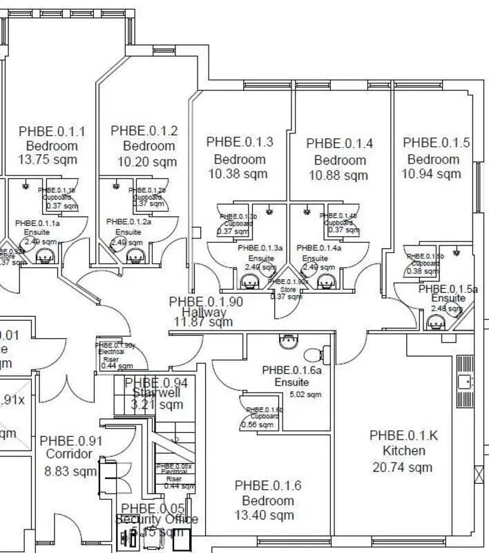Floor plan showing bedrooms and kitchen floor plan at Pin Hill in Canterbury Student Accommodation