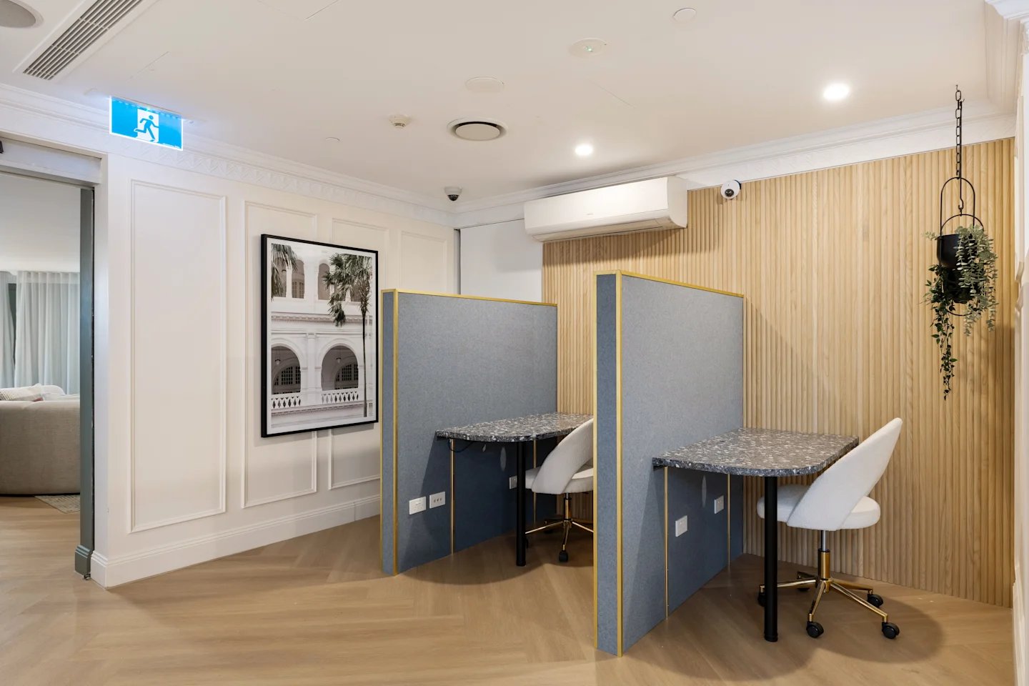 Two study pods with chairs and tables Study Area at UKO Potts Point in Sydney Student Accommodation