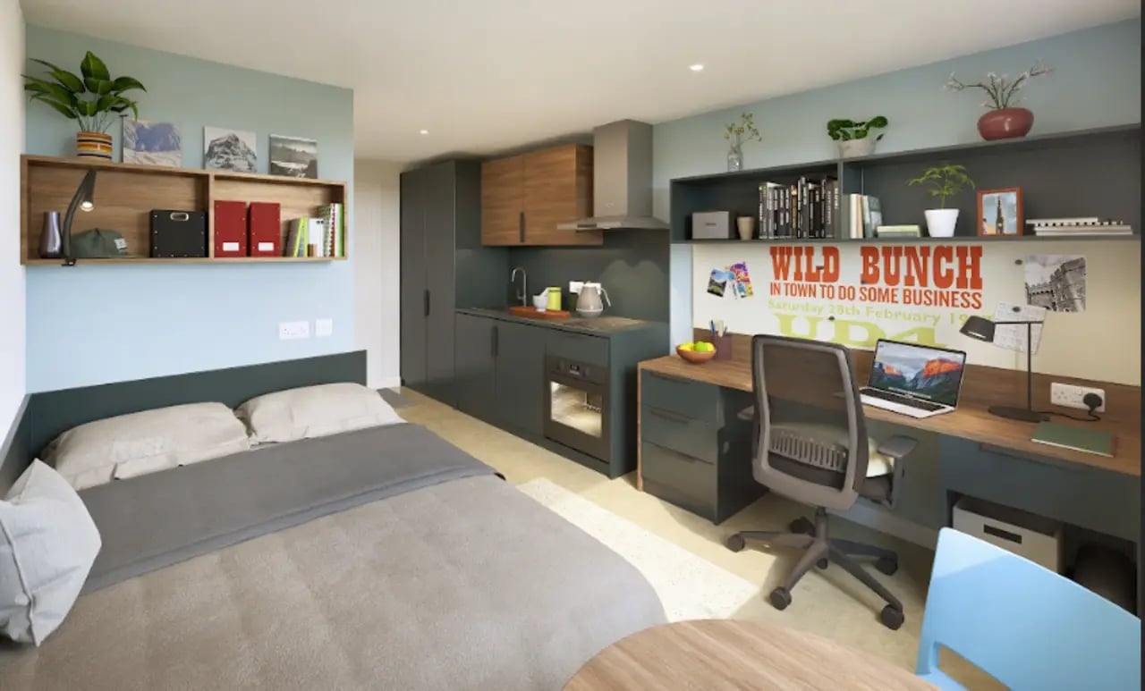 Bed kitchen study area living room. at Croft Court in Bristol Student Accommodation