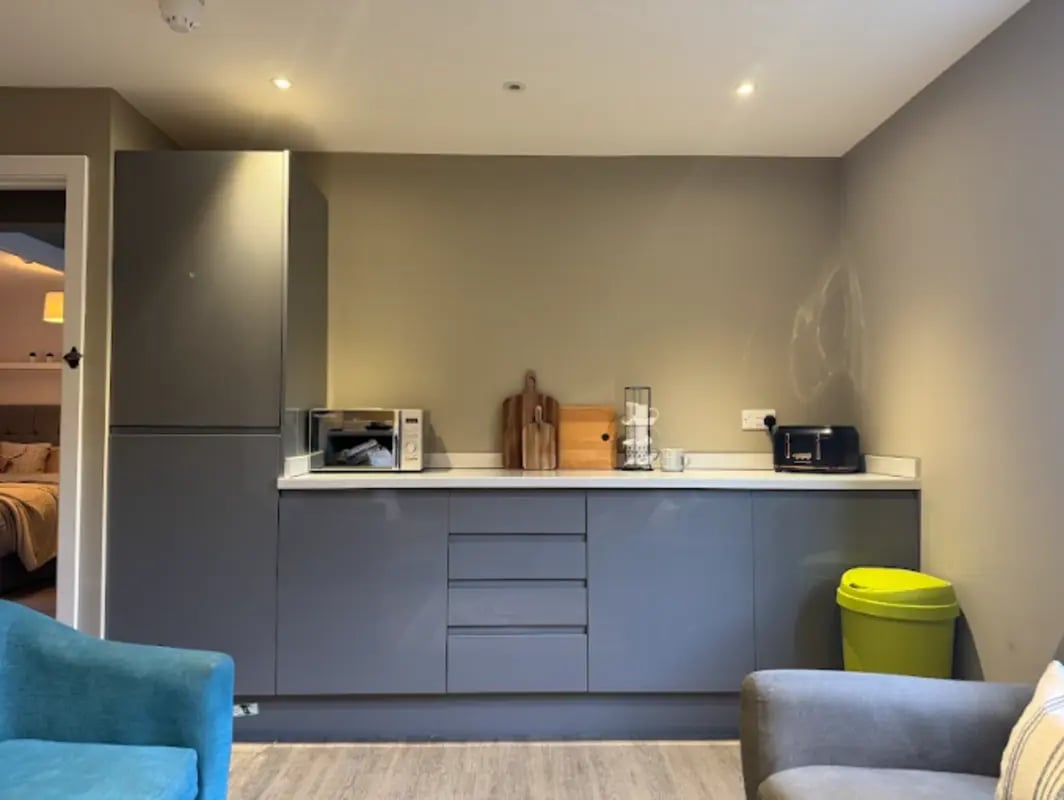 Modern grey kitchen with microwave and toaster kitchen at Varsity Beeston in Nottingham Student Accommodation