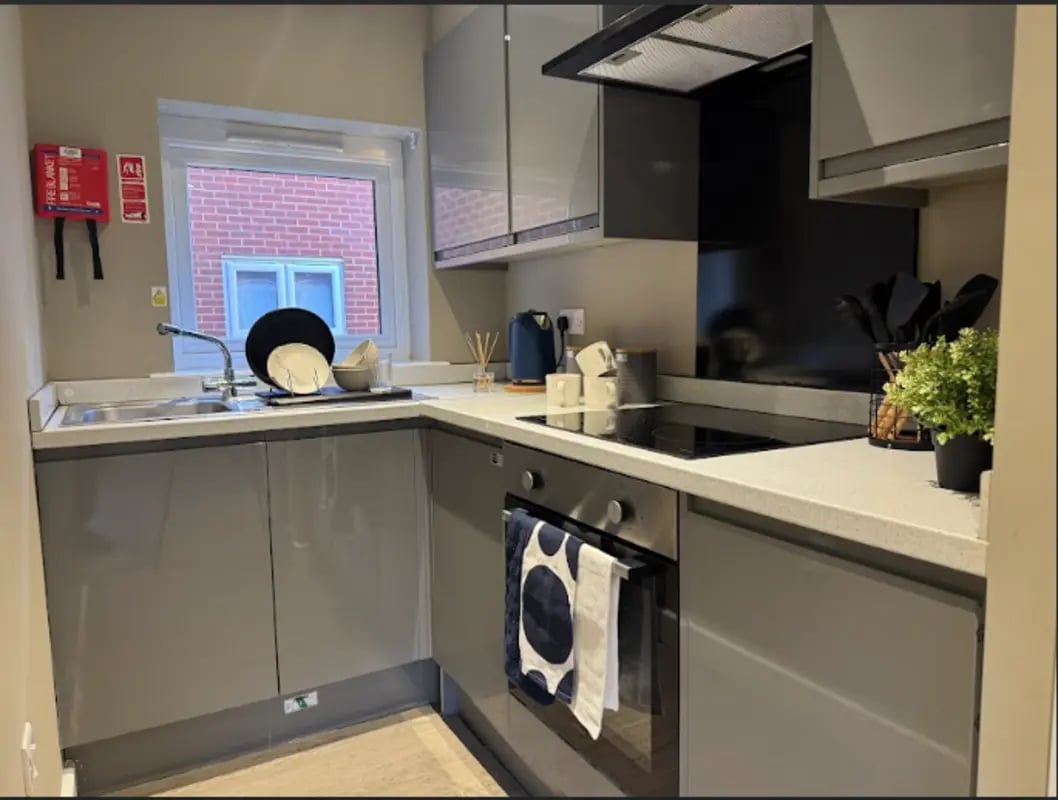 Sink stove cabinets fire blanket kitchen at Varsity Beeston in Nottingham Student Accommodation