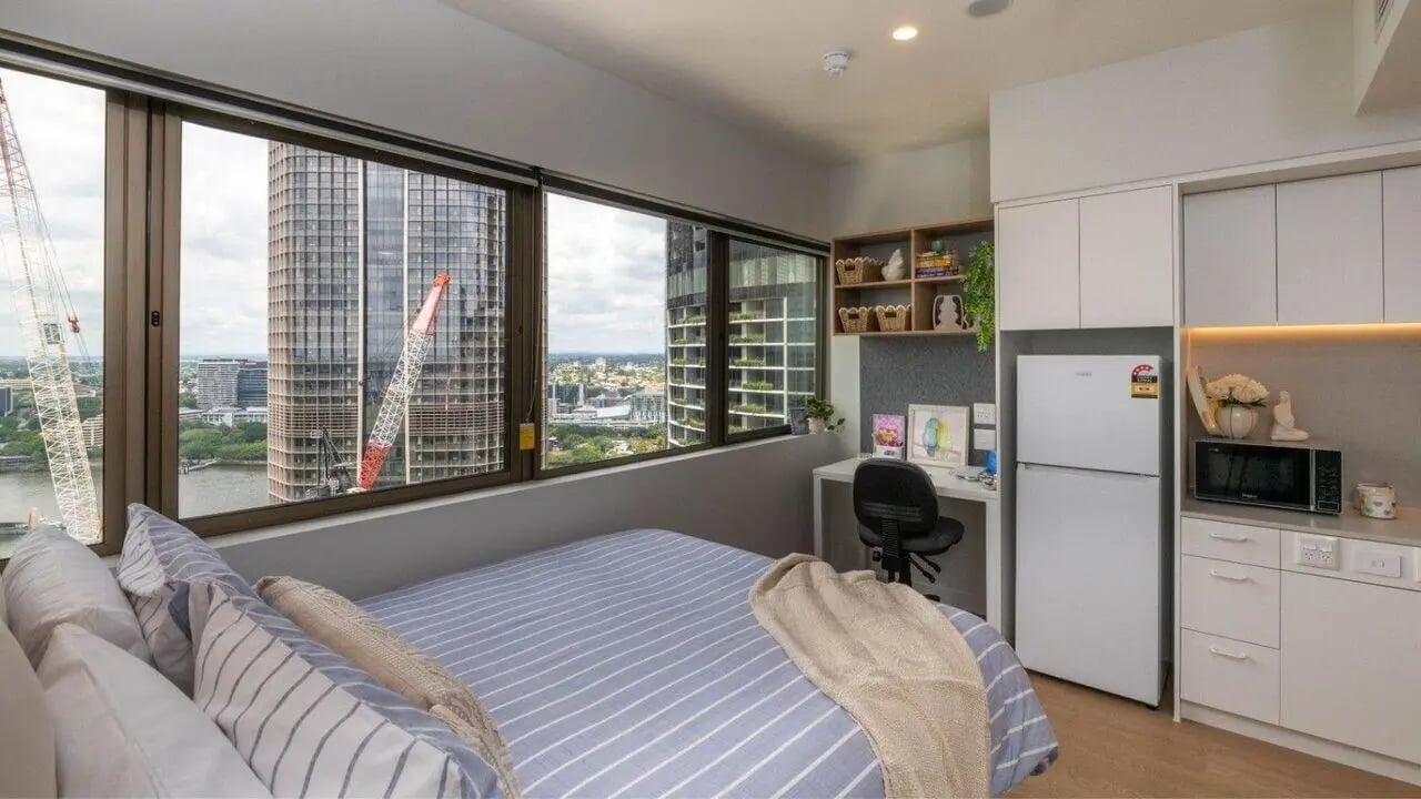Bed desk fridge microwave kitchen bedroom study area at UniLodge Brisbane City in Brisbane Student Accommodation