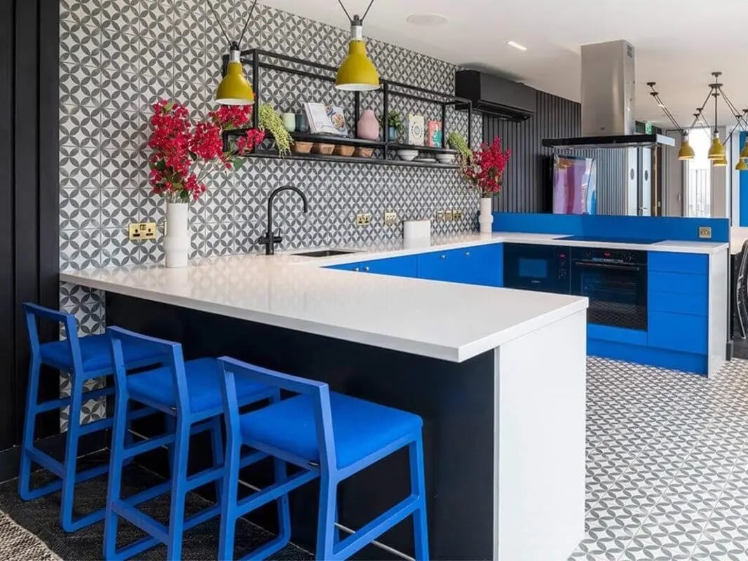 Blue bar stools with white counter kitchen at Bridle Works Glasgow in Glasgow Student Accommodation