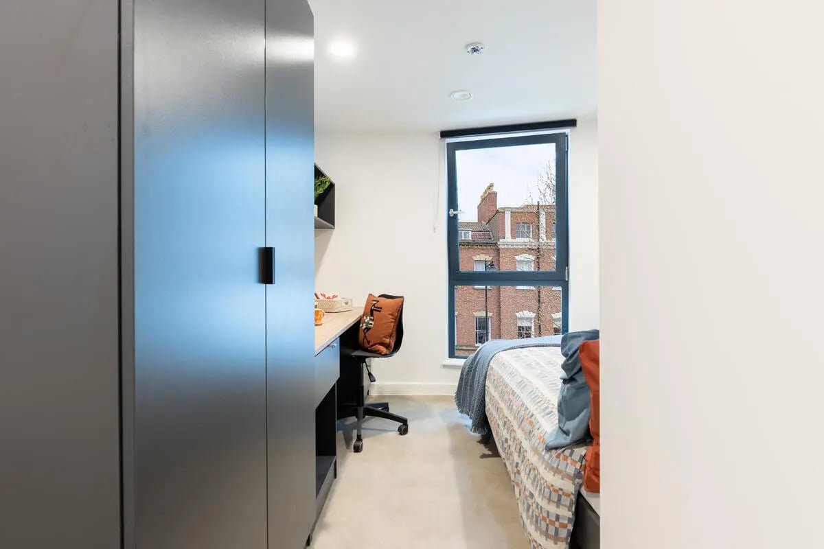 Wardrobe desk chair bed window room at Croft Court in Bristol Student Accommodation