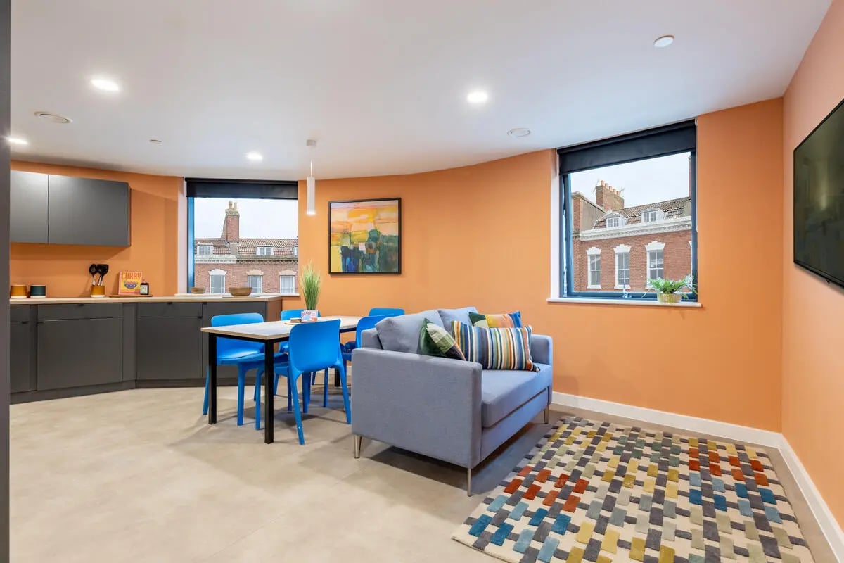 Kitchen dining and living area with sofa living room at Croft Court in Bristol Student Accommodation