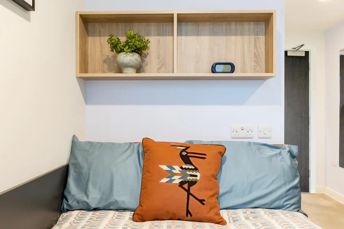 Bed with pillows plant and shelves Bedroom at Croft Court in Bristol Student Accommodation