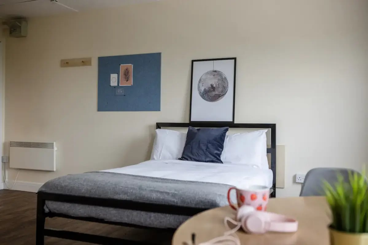 Bed with pillows and artwork Bedroom. at Mcmillan student Village in Greenwich Student Accommodation