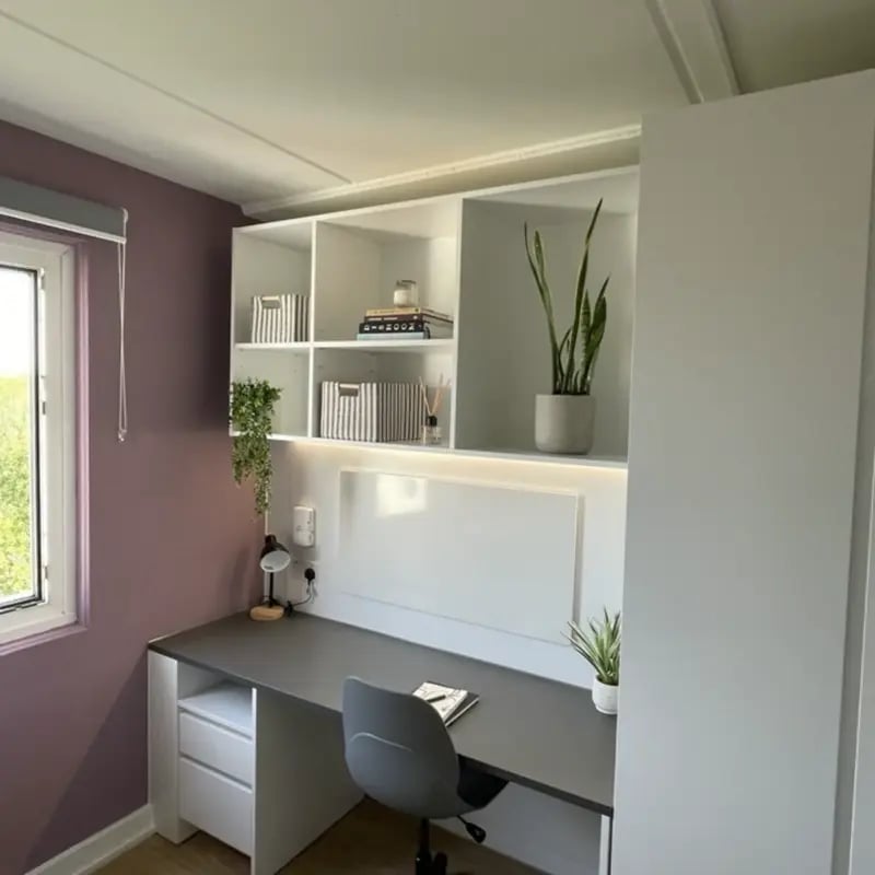 Desk with chair shelves plants study area at Mcmillan student Village in Greenwich Student Accommodation
