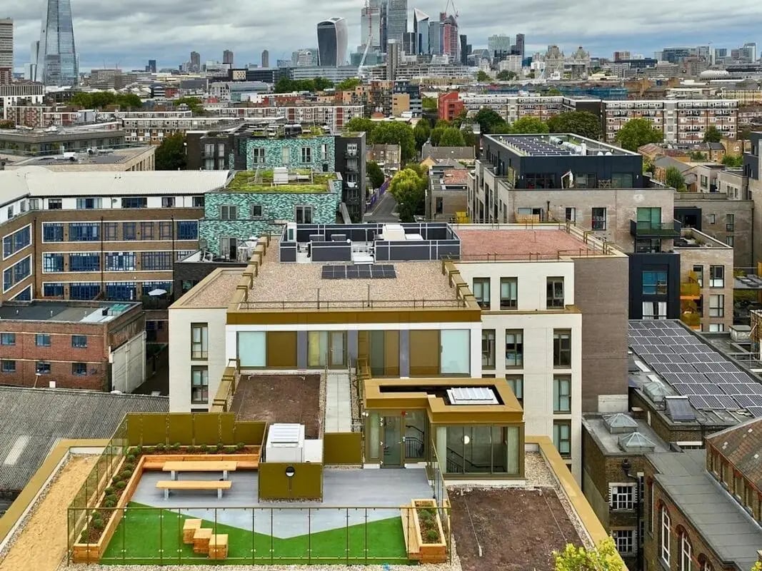 Rooftop terrace with seating and green space exterior at View Studios in London Student Accommodation