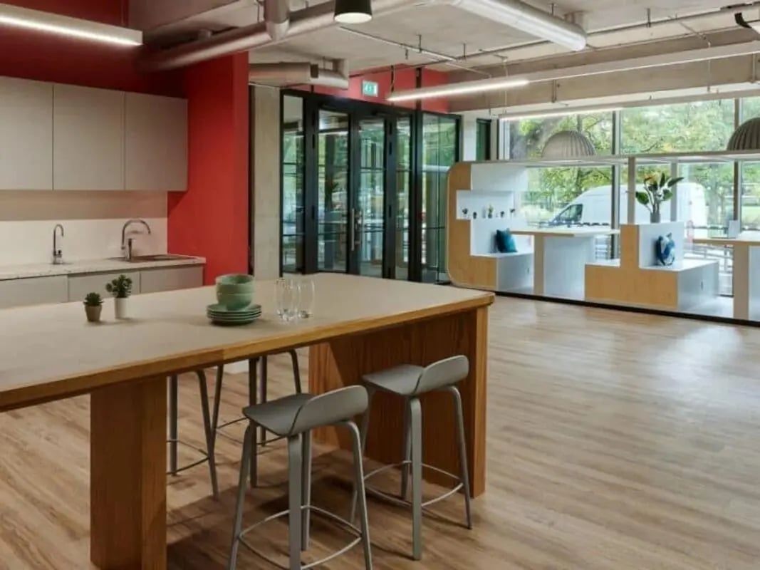 Kitchen island with stools and cabinets kitchen area at View Studios in London Student Accommodation