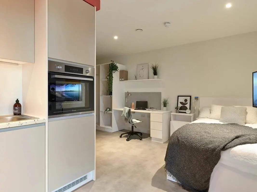 Oven sink study desk bed room at View Studios in London Student Accommodation