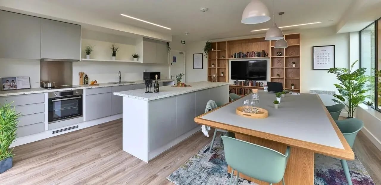 Kitchen island dining table bookshelf TV living area kitchen at View Studios in London Student Accommodation