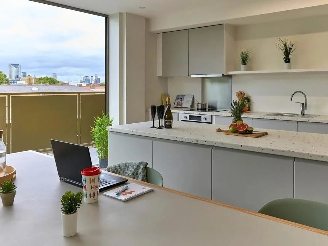Laptop plants drink glasses and fruit kitchen interior at View Studios in London Student Accommodation