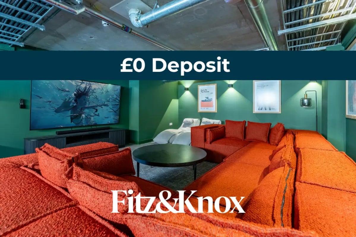 Lounge with large orange sectional sofa television living room at Fitz and Knox in Cardiff Student Accommodation